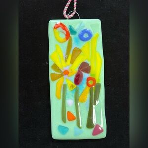 Flowers On Mint“ Fused Art Glass  Hanging Plaque 9”x4” Abstract Design